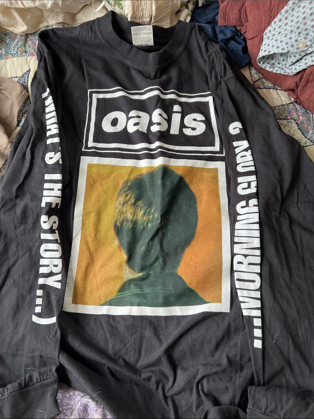 Oasis Black Long-Sleeve Graphic Tee with Orange and Green Photo Print